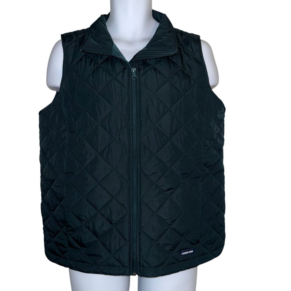READ NWT Lands End Womens Oversized Vest M 10-12 Green Quilted Repreve Pockets - Picture 1 of 10